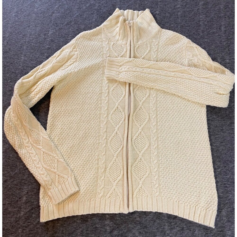 Chadwicks Cream Full Zip Cable Knit Sweater Large Womens Cardigan Ivory Stretch - Picture 4 of 5